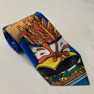 VTG 1993 Ralph Marlin Men's Necktie Blue Junk Food Burger Fries Pizza Hot Dog